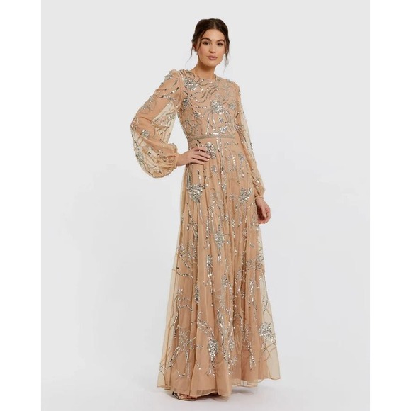Mac Duggal Beige Embellished High Neck Puff Sleeve Gown $698 - Size 14 - Picture 4 of 14